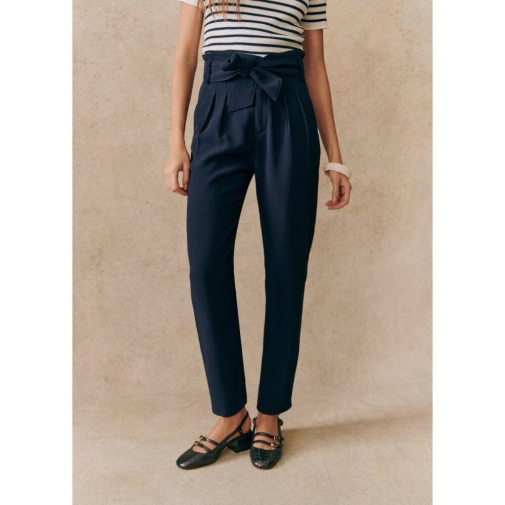 Sezane Austin Belted Trousers pants in Navy Size 38 Paper bag Waist